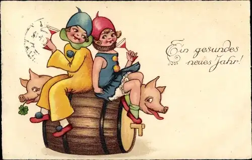 Ak Glückwunsch Neujahr, Harlekine auf einem Fass, Schweine