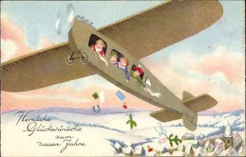 Ak Glückwunsch Neujahr, Flugzeug über Winterlandschaft