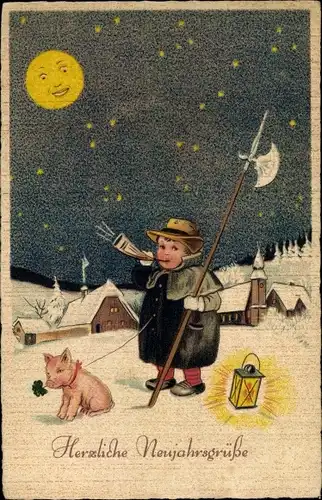 Ak Glückwunsch Neujahr, Nachtwächter und Schwein im Mondschein