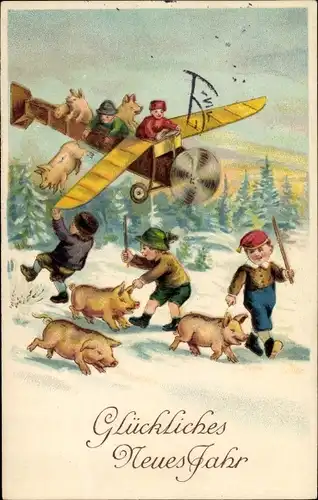 Ak Glückwunsch Neujahr, Schweine werden aus Flugzeug geworfen, Kinder