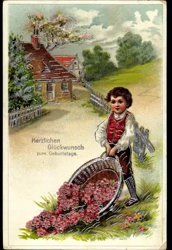 Präge Litho Glückwunsch Geburtstag, Junge mit Blumen in einem Korb, Häuser