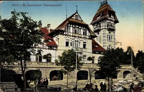 Ak Hof an der Saale Bayern, Restaurant Theresienstein, Treppe, Turm