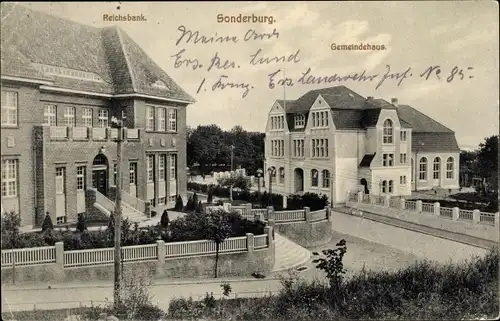 Ak Sønderborg Sonderburg Dänemark, Reichsbank, Gemeindehaus