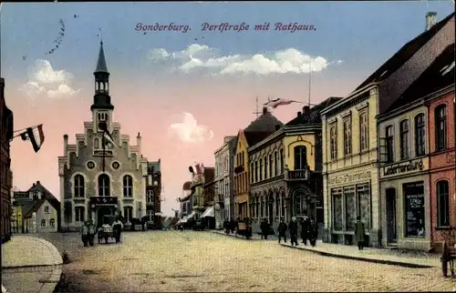 Ak Sønderborg Sonderburg Dänemark, Perlstraße, Rathaus, Lederhandlung, Buch und Papierhandlung