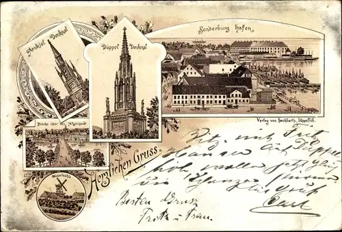 Litho Sønderborg Sonderburg Dänemark, Hafen, Düppeldenkmal, Brücke, Windmühle