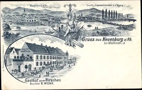 Litho Neuenburg am Rhein Baden, Gasthof zum Hirschen, Ortspanorama, Brücke