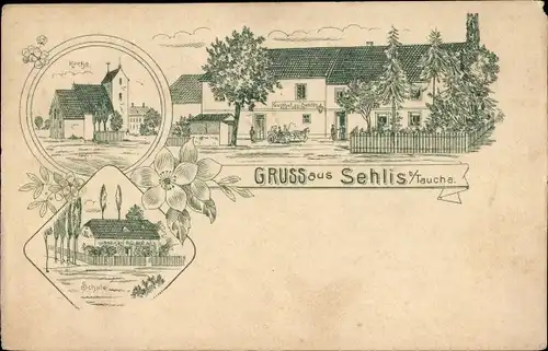 Litho Sehlis Taucha in Nordsachsen, Kirche, Schule, Gasthof