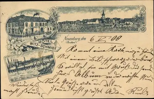 Litho Neuenburg am Rhein Baden, Hotel Witz Schmidt, Ortspanorama, Brücke