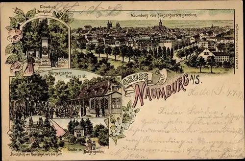 Litho Naumburg an der Saale, Bürgergarten Restaurant, Stadtpanorama, Claudius Denkmal, Dom