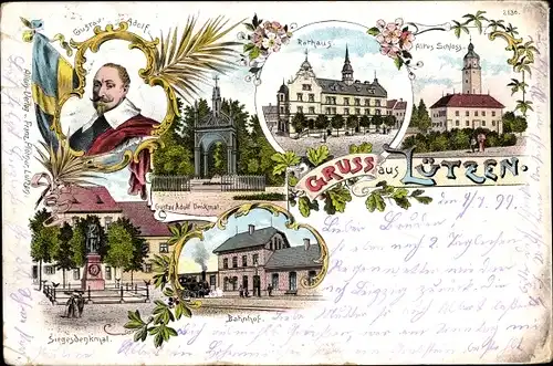 Litho Lützen im Burgenlandkreis, Rathaus, Altes Schloss, Bahnhof, Denkmal, Gustav Adolf