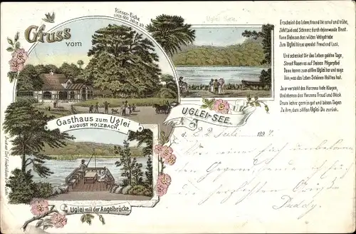 Litho Eutin in Ostholstein, Ukleisee, Uglei See, Gasthaus zum Uglei, Angelbrücke, Gedicht