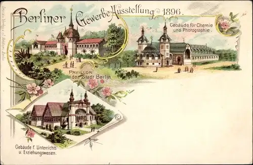 Litho Berliner Gewerbe Ausstellung 1896, Pavillon Berlin, Gebäude Chemie u. Photographie, Unterricht
