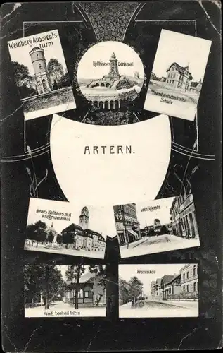 Ak Artern an der Unstrut, Weinberg Aussichtsturm, Kyffhäuser, Rathaus, Leipziger Str., Landw. Schule