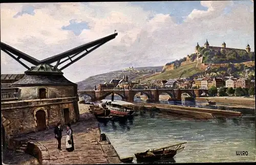 Künstler Ak Würzburg am Main Unterfranken, Mainpartie, Brücke, Festung Marienberg, Hafenkran