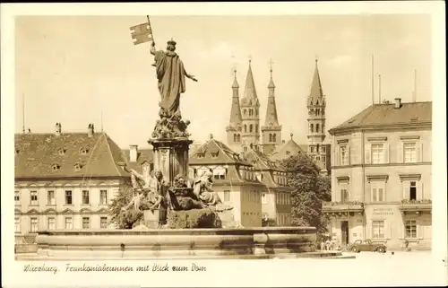 Ak Würzburg am Main Unterfranken, Frankoniabrunnen, Blick zum Dom