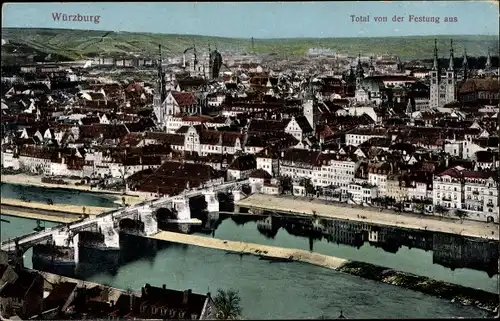 Ak Würzburg am Main Unterfranken, Totalansicht von der Festung aus, Brücke, Dom