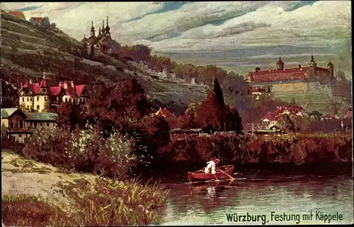 Künstler Ak Würzburg am Main Unterfranken, Festung Marienberg mit Käppele, Ruderboot