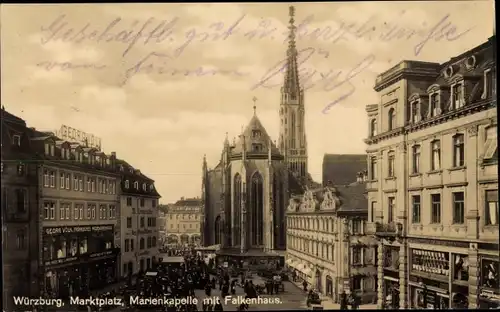 Ak Würzburg am Main Unterfranken, Marktplatz, Marienkapelle, Falkenhaus, Geschäfte