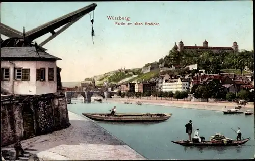 Ak Würzburg am Main Unterfranken, Partie am alten Kran, Boote, Festung Marienberg