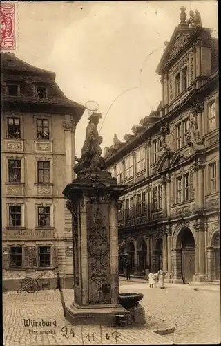 Ak Würzburg am Main Unterfranken, Fischmarkt, Brunnen