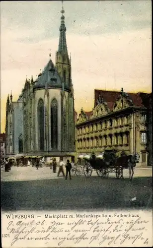 Ak Würzburg am Main Unterfranken, Marktplatz, Marienkapelle, Falkenhaus, Kutsche