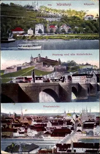 Ak Würzburg am Main Unterfranken, Käppele, Festung Marienberg, Steinbrücke, Totalansicht