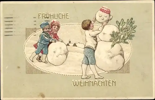 Ak Glückwunsch Weihnachten, Kinder bauen einen Schneemann