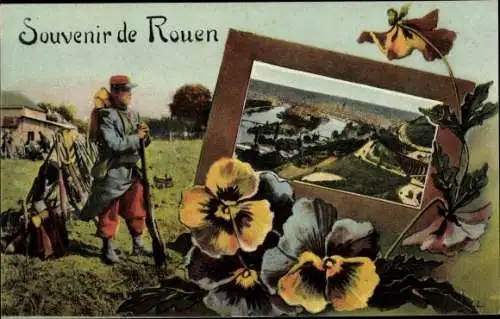 Ak Rouen Seine Maritime, Französischer Soldat in Uniform, Waffe, Stiefmütterchen