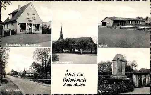 Ak Osterbruch in Niedersachsen, Geschäftshaus, Kirche, Schule, Dorf, Ehrenmal