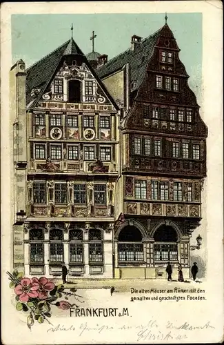 Litho Frankfurt am Main, Die alten Häuser am Römer mit den gemalten und geschnitzten Facaden