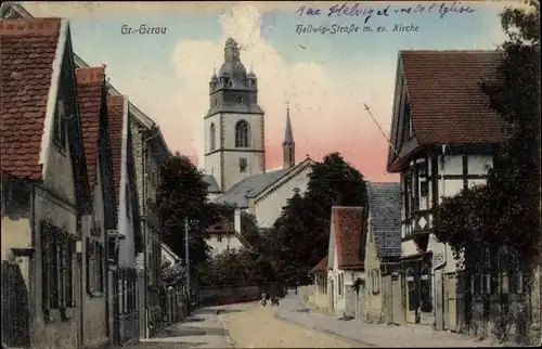 Ak Gross Gerau in Hessen, Hellwig Straße mit ev. Kirche