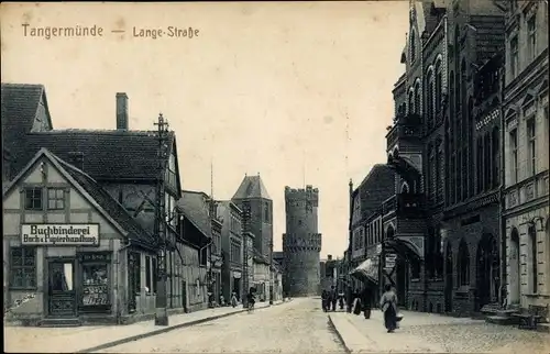 Ak Tangermünde an der Elbe, Lange Straße, Buchbinderei, Buchhandlung