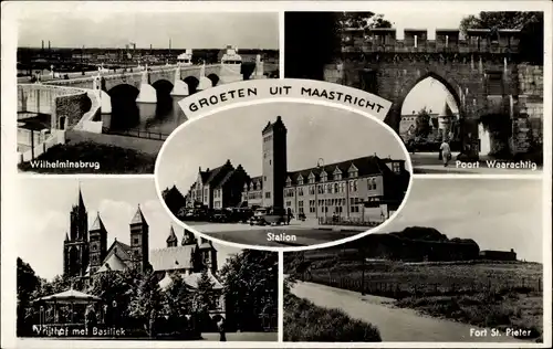 Ak Maastricht Limburg Niederlande, Poort Waarachtig, Station, Wilhelminabrug