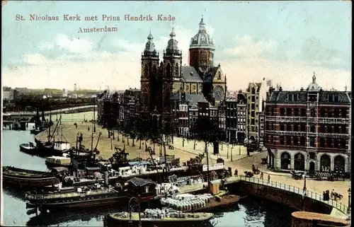 Ak Amsterdam Nordholland Niederlande, St. Nicolas Kerk met Prins Hendrik Kade