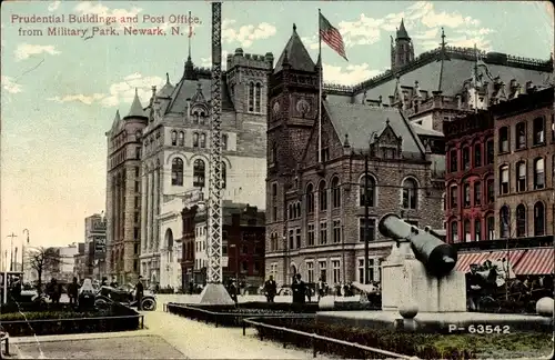 Ak Newark New Jersey USA, Prudential Buildings and Post Office, from Military Park