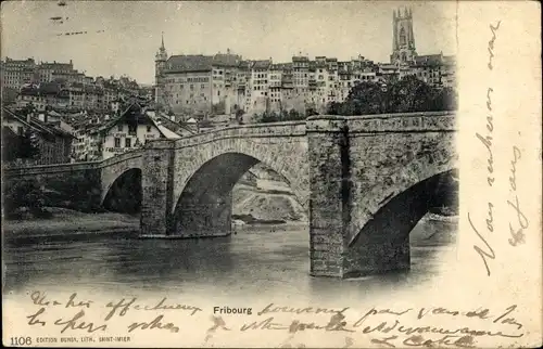 Ak Fribourg Freiburg Stadt Schweiz, Stadtpartie, Brücke