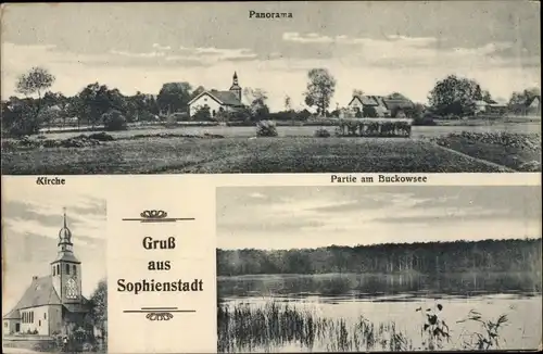 Ak Sophienstädt Marienwerder im Kreis Barnim, Buckowsee, Kirche, Panorama