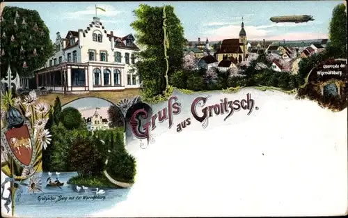 Ak Groitzsch in Sachsen, Burgruine, Blick auf den Ort, Gasthaus, Zeppelin, Wappen