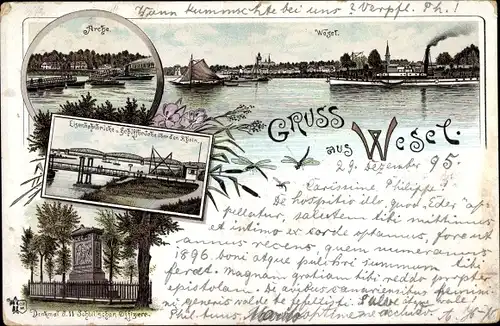 Vorläufer Litho Wesel am Niederrhein, Arche, Eisenbahnbrücke, Schill Denkmal, 1895