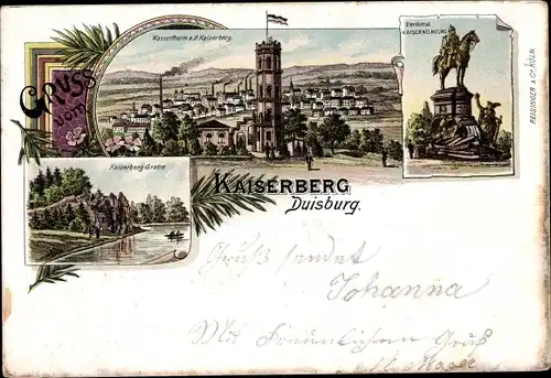 Litho Duissern Duisburg im Ruhrgebiet, Kaiserberg, Denkmal Kaiser Wilhelm I, Wasserturm, Grotte