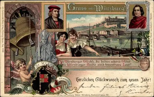 Litho Würzburg am Main Unterfranken, St. Kilian, Riemenschneider, Tiepolo, Würzburger Glöckle, Engel