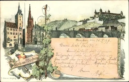 Litho Würzburg am Main Unterfranken, Teilansichten der Stadt