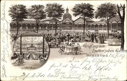 Litho Würzburg am Main Unterfranken, Hutten'scher Garten, Gartenwirtschaft, Saal