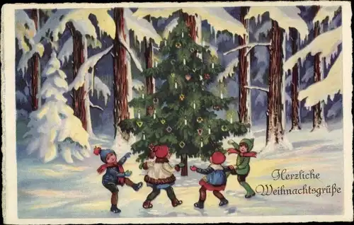Ak Glückwunsch Weihnachten, Kinder tanzen um Tannenbaum