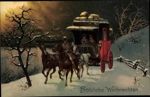 Ak Glückwunsch Weihnachten, Winterlandschaft mit Postkutsche