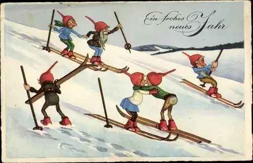 Ak Glückwunsch Neujahr, Zwerge auf Skiern bei der Abfahrt