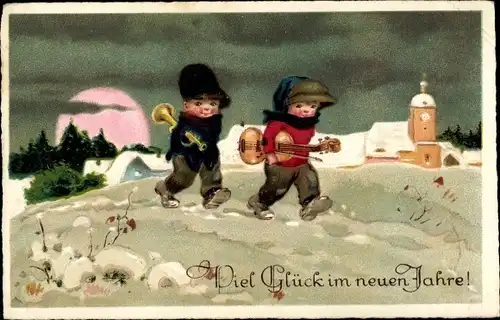 Ak Glückwunsch Neujahr, Kinder mit Musikinstrumenten, Winterlandschaft