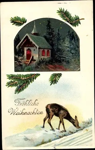 Ak Glückwunsch Weihnachten, Schneebedeckte Kapelle, Reh