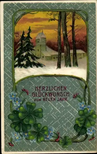 Präge Ak Glückwunsch Neujahr, Kleeblätter, Vergissmeinnicht, Winterlandschaft, Ortschaft