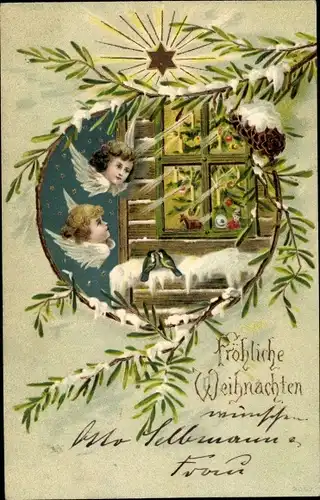 Winter Litho Glückwunsch Weihnachten, Engelsköpfe, Tannenbaum, Vögel